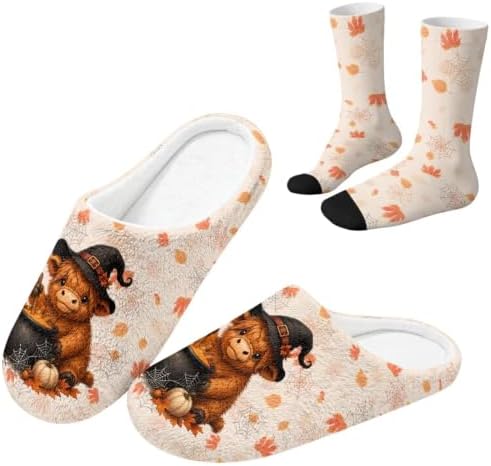 Jeiento Fuzzy Slippers and Crew Sock Set for Women Men Couple Warm Cozy Memory Foam House Shoes Soft Slip-on Slides for Home,Travel by Jeiento