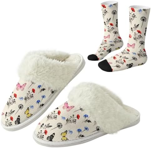 Fuzzy Slippers for Women Washable Cotton Slippers with Crew Socks by Unknown