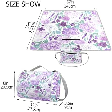 MNSRUU Picnic Blanket Waterproof Foldable, Rose Hydrangea Flowers in Purple Large Outdoor Picnic Beach Camping Blanket Travel Mat, Shoulder Strap Tote, Rectangle 57x59in - Image 3