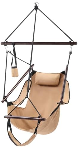 ONCLOUD Upgraded Unique Hammock Sky Chair, Air Deluxe Hanging Swing Seat with Rope Through Beech Wood Bar Safer Relax with Drink Holder & Fuller Pillow for Indoor Outdoor Patio Yard 250LBS (Tan) by ONCLOUD