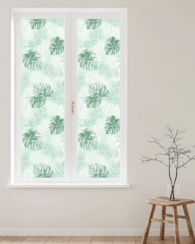 Window Privacy Film Frosted, Mint Green Palm Trees Tropical Reusable Static Cling Window Tints, Summer Beach Botanical Heat Control Windows Films for Offices, Balcony, 29.5 x 118 Inches - Image 2
