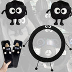 Car Headrest Pillow & Steering Wheel Cover Set with Cute Big-Eyed Furball Travel Neck Support Pillow Fur Car Interior Accessory (Black 5Pcs Set) by Unknown
