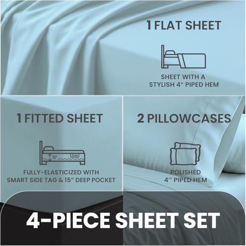 Pizuna 100% Cotton Queen Sheet Set 600 Thread Count Baby Blue - Image 4