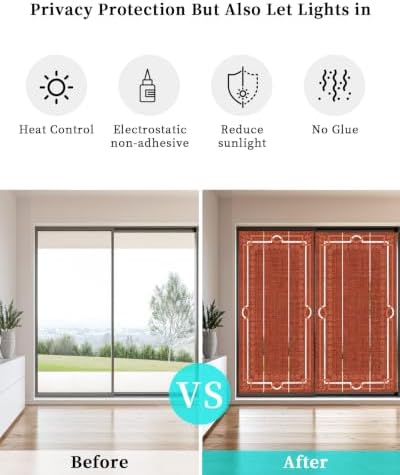 Window Privacy Film Frosted, Brick Red Botanical Non-Adhesive Static Cling Window Tint, Vintage Florals Geometric Minimalist Insulated Windows Frosted Films for Living Room, 35.4 x 78.7 Inches - Image 6
