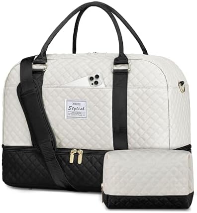 Travel Duffle Weekender Bags for Women: Overnight Bag with Shoe Compartment Carry On Bags with Toiletry & Wet Pocket Large Tote Hospital for Women Labor Delivery Black White by CAYINTOP