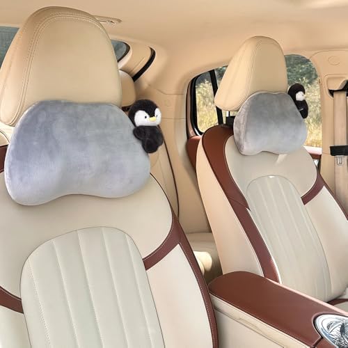 Cute Car Headrest Lumbar Support Seat Cushion, Gray-Pinguin - Image 2