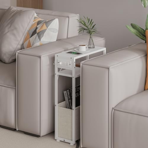 Leomonio White Side Table with Charging Station, Slim End Tables with Linen Basket, Skinny Table for Small Spaces, Thin Bedside Table for Living Room, Bedroom - Image 5