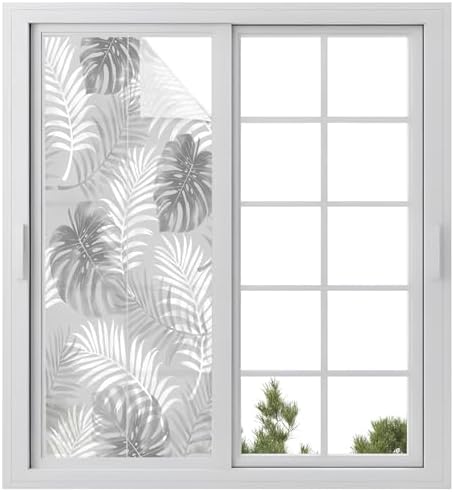 Window Privacy Film Frosted, Grey Palm Trees Tropical Static Cling Door Window Covering, Summer Beach Botanical UV Blocking Windows Film for Office, Hotel, Bedroom, 29.5 x 78.7 Inches by Unknown