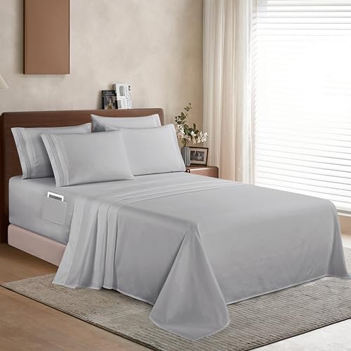 Elegant Comfort 1500 Premium Quality 6-Piece Bed Sheet Set - 18-24 Inch Extra Deep Pocket, Smart Storage Pockets, Wrinkle Free Ultra Soft 6PC Extra Deep Pocket Sheets, King, Silver Gray - Image 3