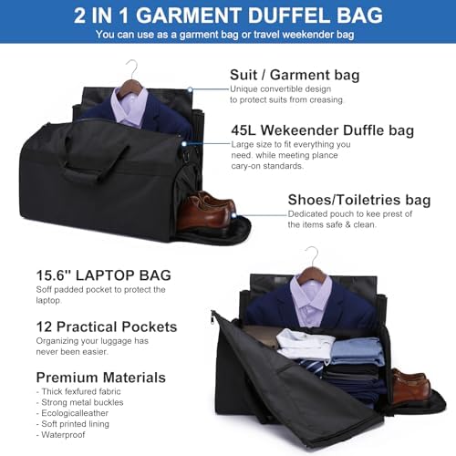 Garment Bags for Travel Large Suit Bag for Men Carry On Garment Bag Convertible Garment Duffle Bag with Shoes Compartment,2 in 1 Hanging Dress Suitcase Suit Travel Bags,Black - Image 4