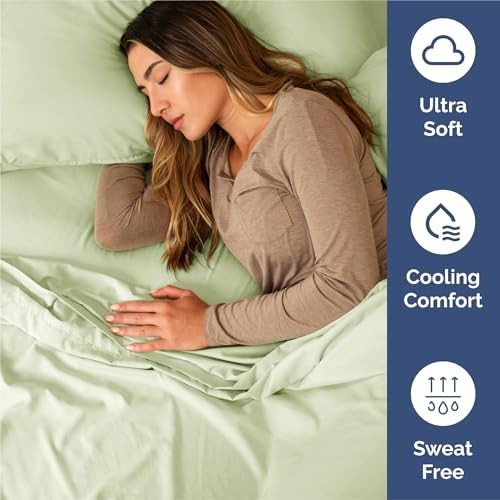 Split King 7 Piece Bed Sheet Set - Breathable & Cooling - Light Sage Green - Image 4