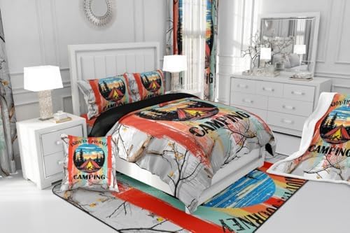 Erosebridal Happy Camping Full Comforter Set,RV Camper Bedding Sets for Travel Trailer,Rustic Cabin Quilt Bed Set for Kids Girls Boys,Forest Tree Mountain Bedroom Decor,2 Pillowcases Breathable - Image 6