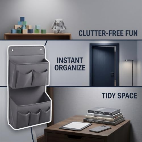 2 Pcs Wall Hanging Organizer with 4 Hooks, Oxford Fabric Over the Door Organizer, Multi Layer Mesh Pockets for Bedside Dormitory Bedroom, Space Saving Storage Bag for Books Electronics Grey - Image 4