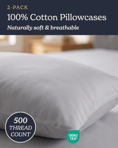 Beckham Hotel Collection King Pillow Cases Set of 2, Cool Touch Sateen Pillowcases, 500TC Cotton, Silky Smooth & Soft, Open End, Light Gray - Image 2