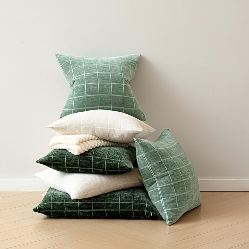 Decorative Chenille Plaid Throw Pillow Covers Moss Green 22x22 Set of 2 - Image 5