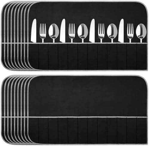 Hillban 18 Pcs Anti Tarnish Silverware Storage Bags Felt, 12 Slots, Black by Hillban