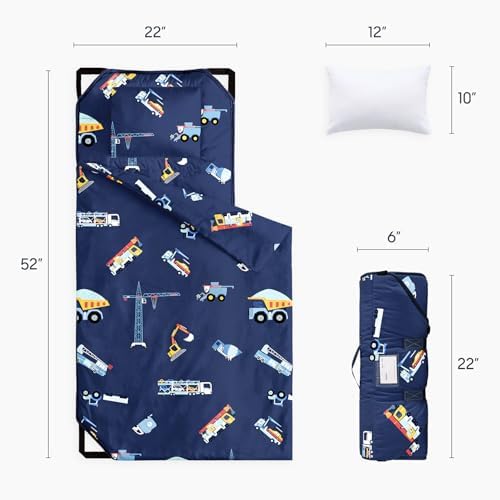 Wake In Cloud - Cot Nap Mat with Pillow and Blanket, 100% Cotton Fabric, for Toddler Kids Boys Ages 3 Plus in Daycare Kindergarten Preschool with Elastic Corner Straps, Cars Cranes Trucks - Image 2