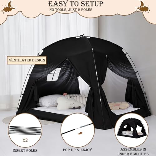 Akiky Bed Tent Bed Canopy Privacy Sleeping Space on Bed Breathable Canopy Tents Blackout Tent(Black,Twin) - Image 6