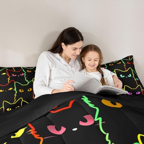 Erosebridal Cat Bedding Sets for Girls & Boys, Gradient Line Cute Cat Comforter Set for Teens & Kids, Animal Quilt Duvet Insert, 2 Pillow Cases, Black - Image 5