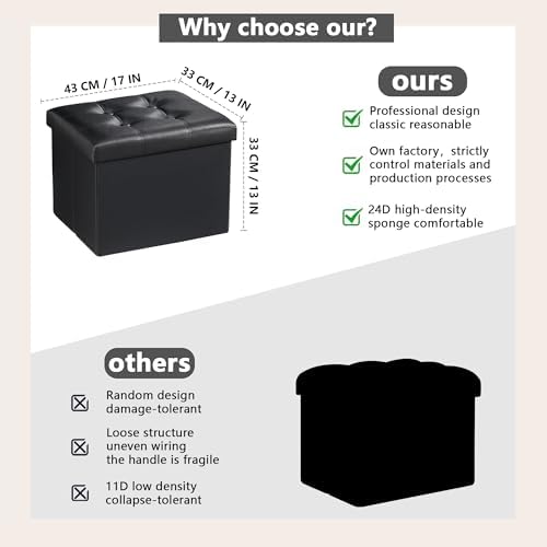 AmasSmile Ottoman with Storage,Folding Chest,17" Leather,Black 2 Pack - Image 3