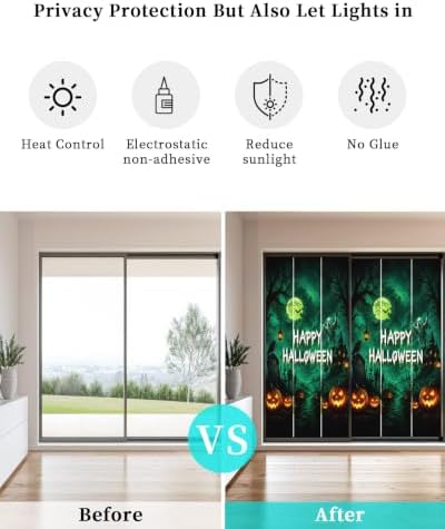 Window Privacy Film Frosted, Halloween Non-Adhesive Static Cling Window Tint, Green Spooky Pumpkin Ghost Moonlight Castle Insulated Windows Frosted Films for Living Room, 35.4 x 78.7 Inches - Image 6