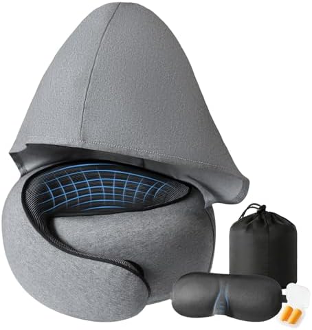 Memory Foam Travel Neck Pillow for Airplane – New Ergonomic Wrap-Around Design，Washable Cover, Carry Bag & Sleep Mask – for Sleeping Plane Train Travel Essentials (Light Gray) by Unknown