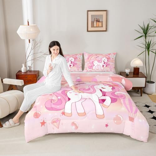 Erosebridal Unicorn Bedding Set for Girls King Kawaii Rainbow Unicorn Comforter Set Unicorn Bedroom Decor for Girls Kids Cartoon Horse Duvet Set Ombre Unicorn Stars Quilt Comforter Pink 3 Pcs - Image 4