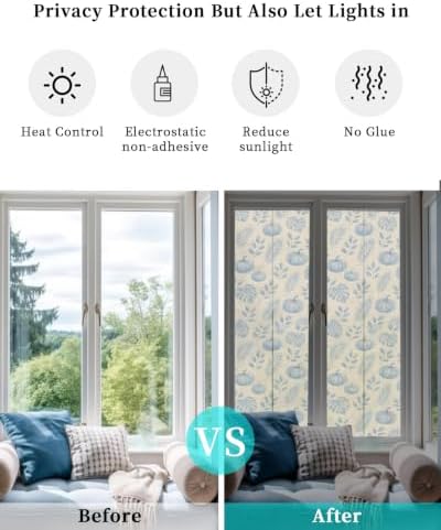 Window Privacy Film Frosted, Blue Pumpkins Fall Reusable Static Cling Window Tints, Thanksgiving Tropical Palm Rustic Heat Control Windows Films for Offices, Balcony, 29.5 x 118 Inches - Image 6
