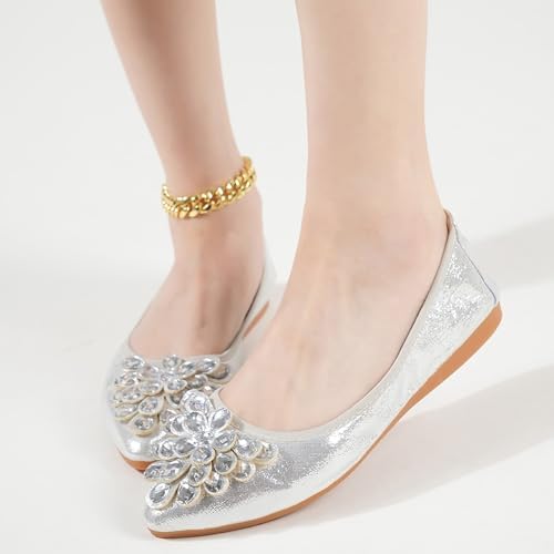 Flats Shoes for Women Rhinestone Wedding Ballerina Shoes Foldable Sparkly Comfort Slip on Flat Dressy Flats - Image 2