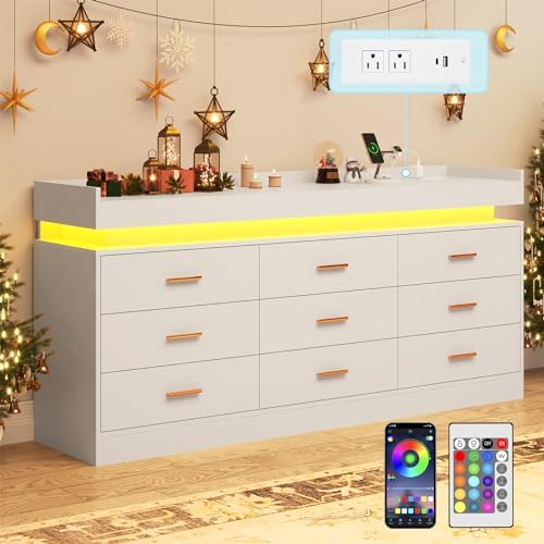 jiteentarou 9 Drawer Dresser with Charging Station and LED Lights, Modern Chest of Drawers with Power Outlet, Organizer Cabinet for Bedroom, Living Room, Entryway, White by jiteentarou