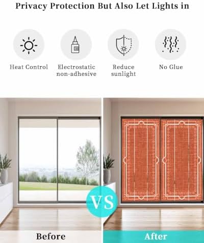Window Privacy Film Frosted, Burnt Orange Botanical Non-Adhesive Static Cling Window Tint, Vintage Florals Geometric Minimalist Insulated Windows Frosted Films for Living Room, 35.4 x 78.7 Inches - Image 6