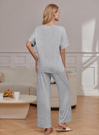 Ekouaer Pajama Sets Womens 2 Piece Short Sleeve Long Pants Pjs Lounge Set - Image 2