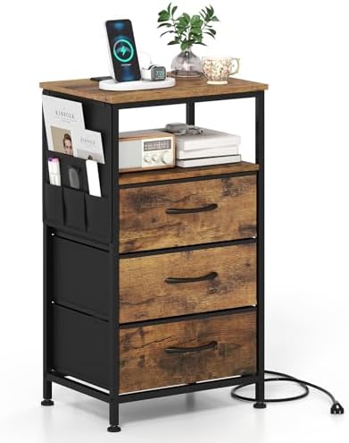 KOMFOTT Nightstand with Charging Station, 27.5" Modern Bedside Table with 3 Fabric Drawers, Open Shelf & Side Pocket, End Table with 2 AC Outlets, USB and Type-C Port for Bedroom (Rustic Brown,1) by KOMFOTT