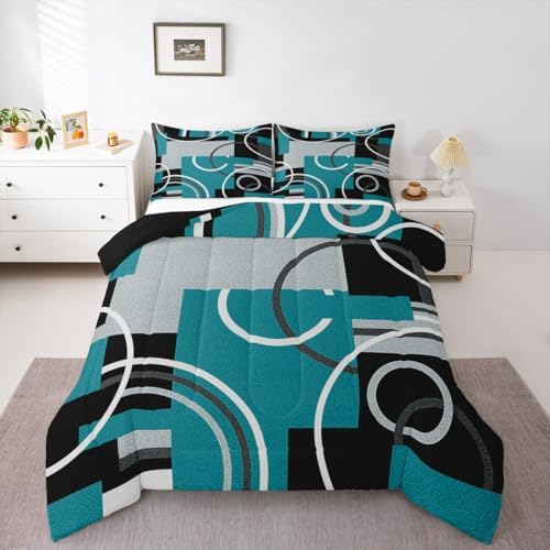 Modern Turquoise Decor Comforter King Geometric Circles Gird Bedding Set For Boys Girls Kids Teens Adult Black Grey Down Comforter Stripe Swirls Duvet Set Modern Graphic Texture Quilted Comforter by Erosebridal