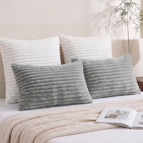 Bedorm Faux Fur Pillowcases Set of 2 Standard Size Plush Fluffy Pillow Cover Gray, Zipper Closure - Image 4