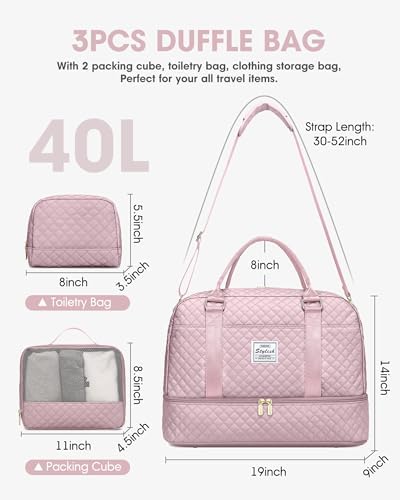 Travel Duffle Bag Weekender Bags: Pink Duffel Bag with Shoe Compartment Carry On Overnight Bag with Wet Pocket Yoga Gym Bags Hospital Bags for Labor and Delivery 3 Pcs Set - Image 4