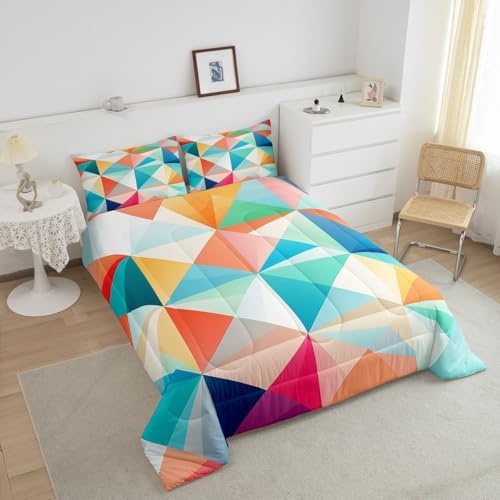 Erosebridal Colorful Geometric King Comforter Set,Cute Rainbow Bedding Set for Kids Adults Room Decor,Abstract Aesthetic Quilt Bed Set Watercolor Checkered Grid Down Comforter 3Pcs - Image 3