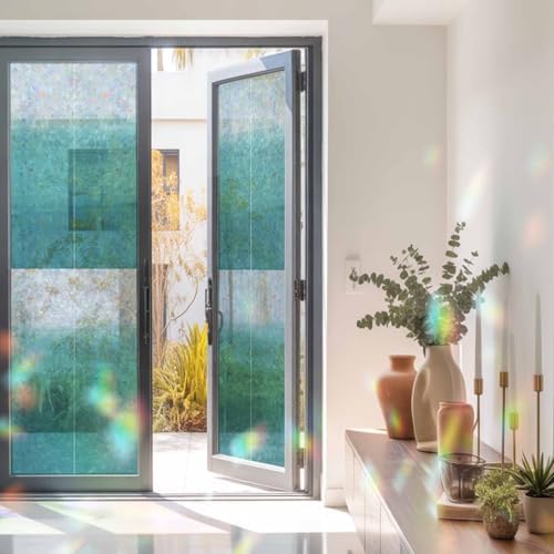 Teal Gray Ombre Window Privacy Film Rainbow Static Cling Stain Glass Window Film for Glass Door, Decorative Heat Blocking Sunroof Decal Sticker for Car 29.5"x118" Modern Abstract Art Striped Gradient - Image 3