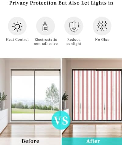 Window Privacy Film Frosted, Pink Red Striped Static Cling Door Window Covering, Farmhouse Vertical Stripes Geometric UV Blocking Windows Film for Office, Hotel, Bedroom, 29.5 x 78.7 Inches - Image 6