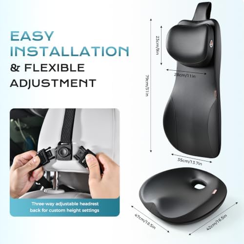 Coverado Car Seat Cushion and One Piece Lumbar Support Headrest Pillow, Adjustable Velcro Design Car Neck Pillow, Ergonomic Memory Foam Car Back Support Driving Seat Cushion for Back Pain Relief,Black - Image 6