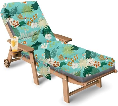 Outdoor Chaise Lounge Chair Cushion, 71 x 22 x 4.7 Inches Waterproof Chaise Lounge Cushions Replacement for Outdoor Furniture, Thickened Non-Slip Patio Lounge Chair Cushions, Cyan Floral leaf by Tycdiose
