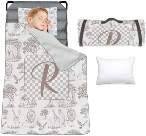 Personalized Toddler Nap Mat for Boys, Custom Name Kids Sleeping Mat for Preschool, Daycare Cot Nap Mat with Corner Straps, Roll-Up Slumber Mat with Soft Blanket & Pillow by YISMEET