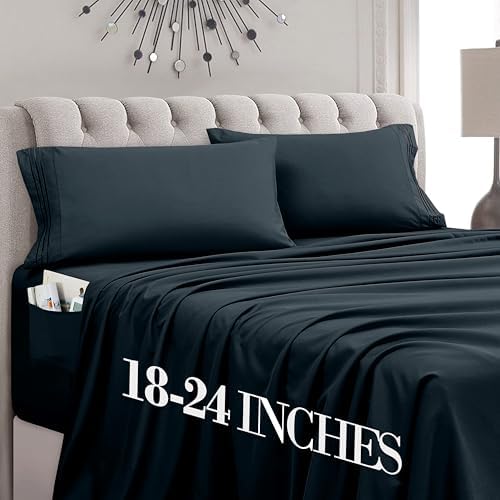 Mocassi King Size 4-Piece Bed Sheet Set - 1800 Premium Hotel Quality Microfiber 18-24 Inches Extra Deep Pocket Fitted Sheet- Luxury Soft, Breathable, Wrinkle, and Fade Resistant, Black by MocassiLuxuryBedding