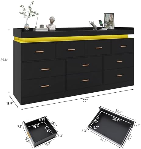 jiteentarou 10 Drawer Dresser with Charging Station and LED Lights, Modern Chest of Drawers with Power Outlet, Organizer Cabinet for, Living Room, Entryway, Black - Image 2