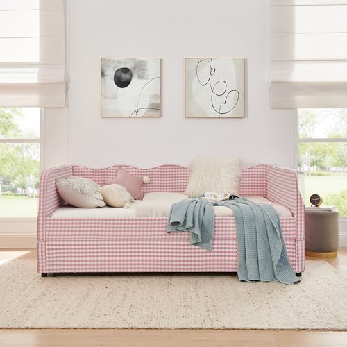 3 in 1 Full Daybed with Pop Up Trundle, Convertible Gingham Upholstered Sofa Bed with Side Storage Pockets, Extendable Guest Bed Frame for Teens Adults Bedroom Living Room, Pink - Image 2