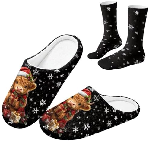 Jeiento Winter Fuzzy Slipper and Crew Socks for Women,Adult Slip-on Close Toe House Slipper,Flat Comfort home Slides by Jeiento