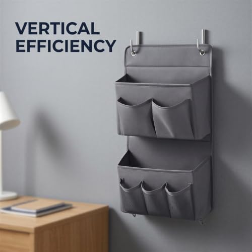2 Pcs Wall Hanging Organizer with 4 Hooks, Oxford Fabric Over the Door Organizer, Multi Layer Mesh Pockets for Bedside Dormitory Bedroom, Space Saving Storage Bag for Books Electronics Grey - Image 6