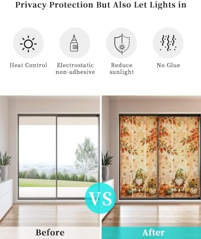 Window Privacy Film Frosted, Thanksgiving Gnomes Static Cling Door Window Covering, Fall Orange Pumpkin Maple Leaves UV Blocking Windows Film for Office, Hotel, Bedroom, 29.5 x 78.7 Inches - Image 6