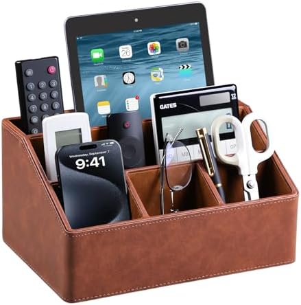 PU Leather Desk Organizer, Remote Control Holder, Brown by MEIBOOCH