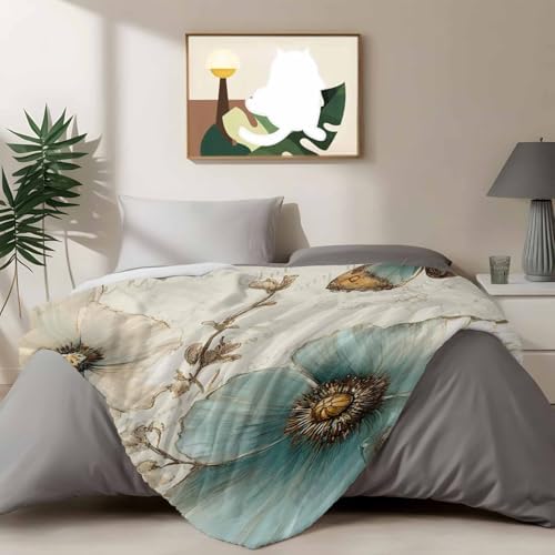 Teal Floral Tulip Throw Blanket, Vintage Botanical Flowers Fluffy Soft Blankets for Couch Bed Travel, Butterfly Plush Microfiber Striped Flannel Blankets, Lightweight Sofa Retro Blankets 32"x48" - Image 4